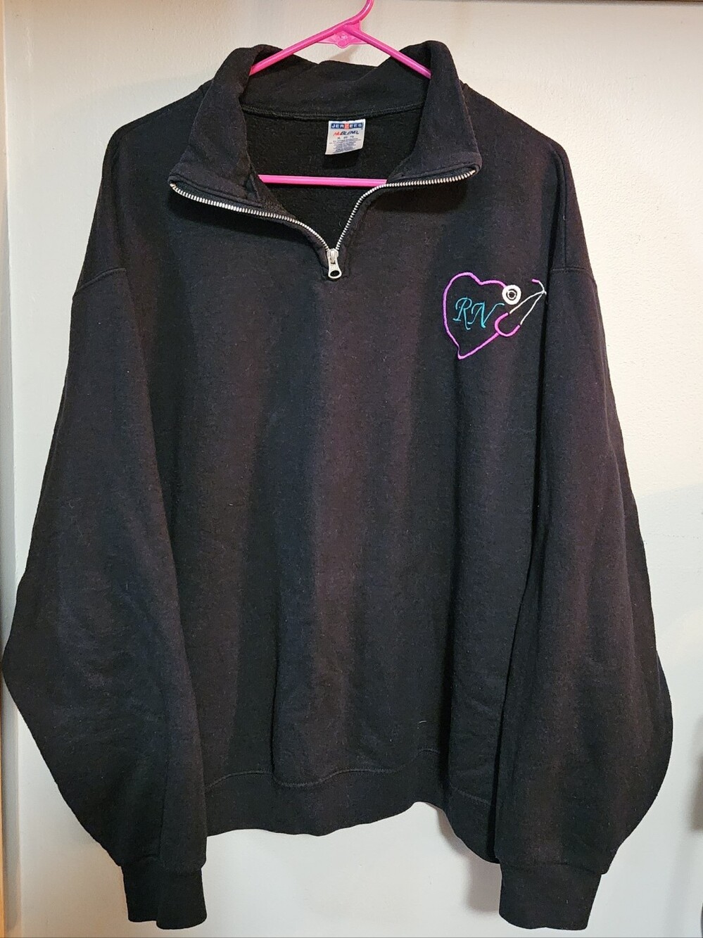 RN Black Quarter-Zip Sweatshirt with Purple & Teal Heart Stethoscope Embroidery